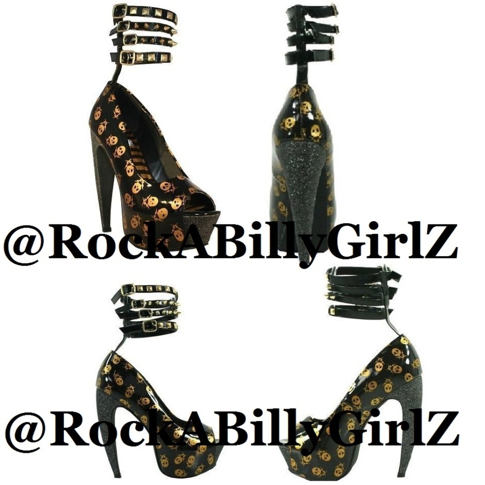 Too Fast Platform Gold Skulls w Glitter Curved Heels & Studded Ankle Straps